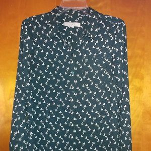 Women's Green Bird Print Blouse - Size Small